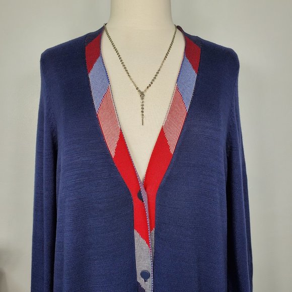 Charter Club Navy Red Button Front V-Neck Preppy Dark Academia Cardigan Size L - Picture 3 of 9